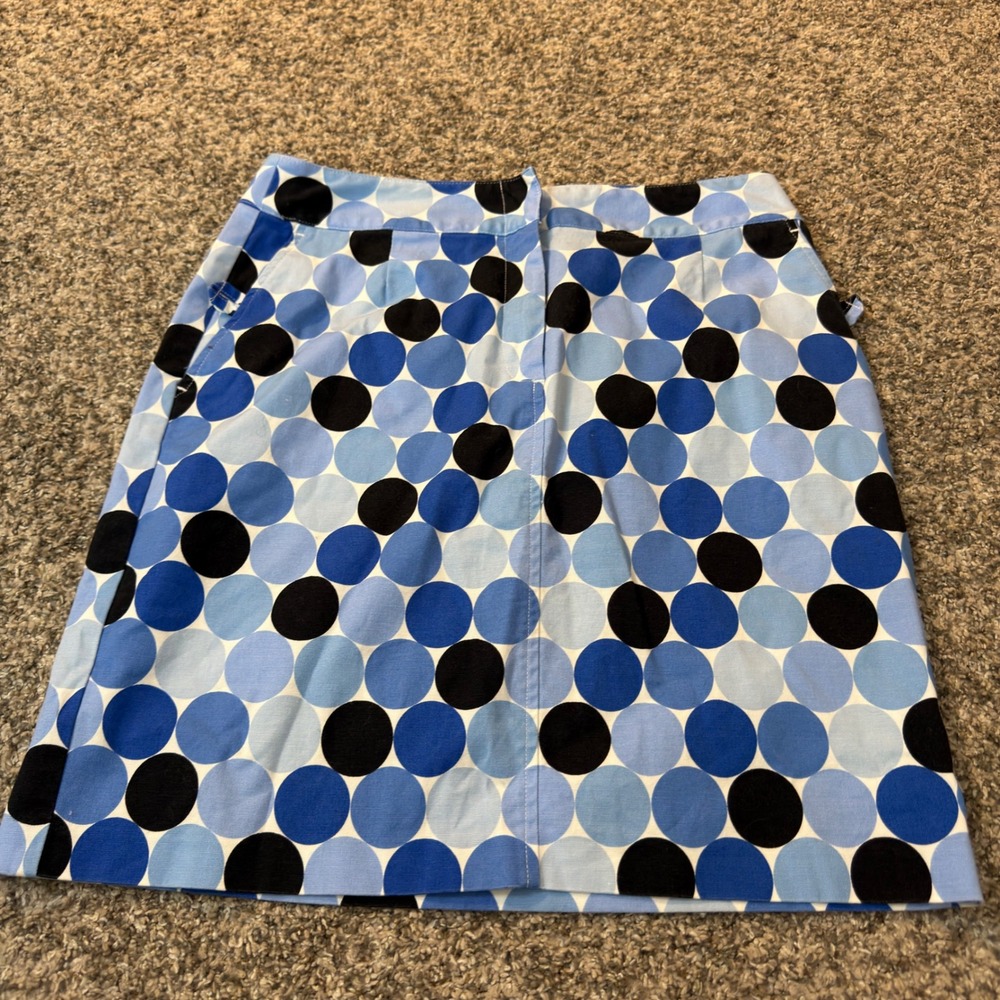 Talbots Blue Black Polka Dot Stretch Cotton Mini Skirt Size 10 Side Zip A-Line
